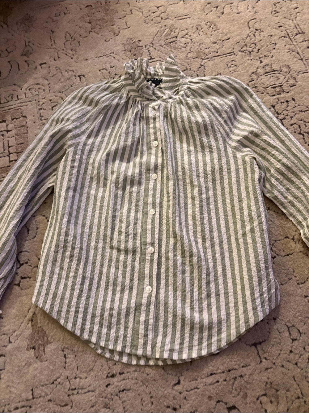 Veronica Beard green & White Striped Ruffle-Neck Button Shirt